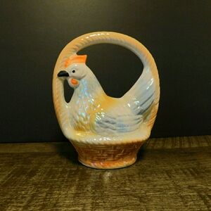 Vintage Iridescent Glaze Ceramic Hen in a Basket Brazil